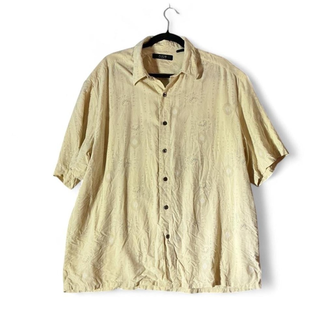 Axis LA‎ Mens XL 100% Silk Short Sleeve Button Down Shirt Cream Tonal Print